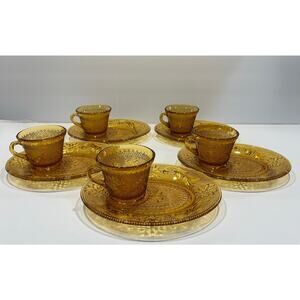 Indiana Tiara Sandwich Glass Amber Oval Snack Tray & Cup Set (Set of 5)